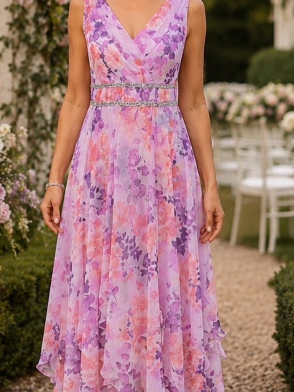 R&M Richards Lavender and Pink Floral V-Neck Maxi Dress Sz-12 like new